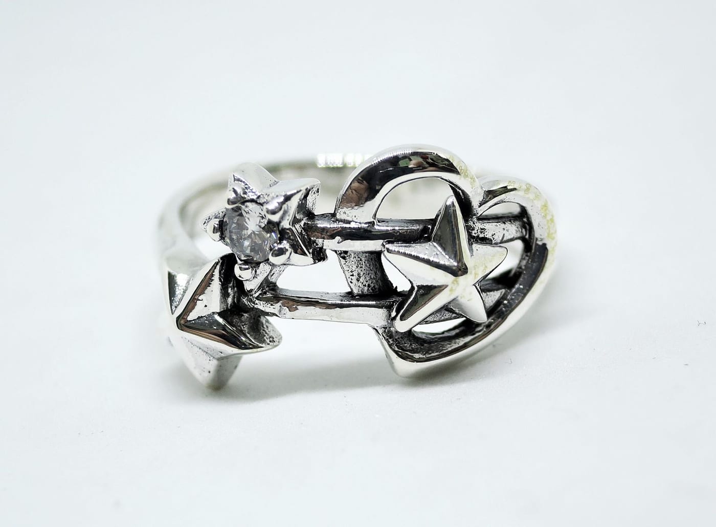 Heart, Star & Arrow Ring — Sterling silver 925, oxidized + white CZ